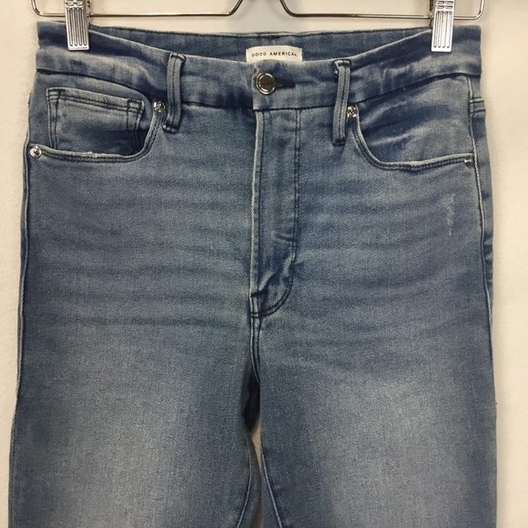 Good American Good Waist Cropped Skinny Split Back Pocket Blue Jeans Size 6/28 - Picture 3 of 12